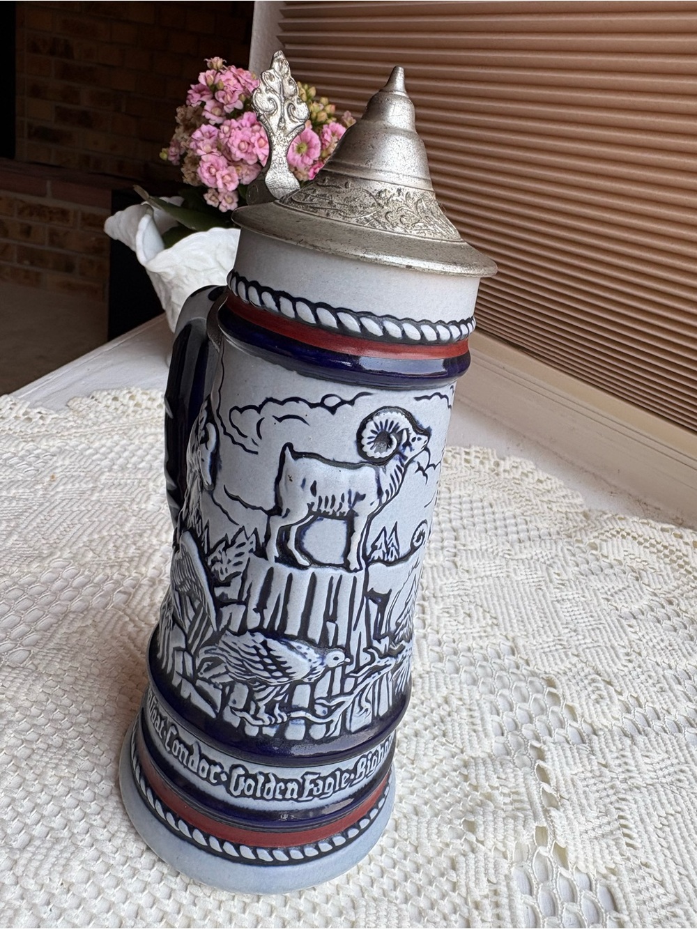 Avon Gray, Blue and Red Ceramic Mountain Ram Beer Stein